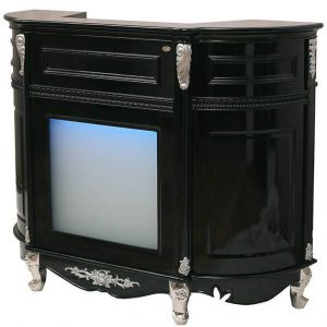 Traditional dark wood style salon reception desk with a modern blue illumination - ideal for your businesses name